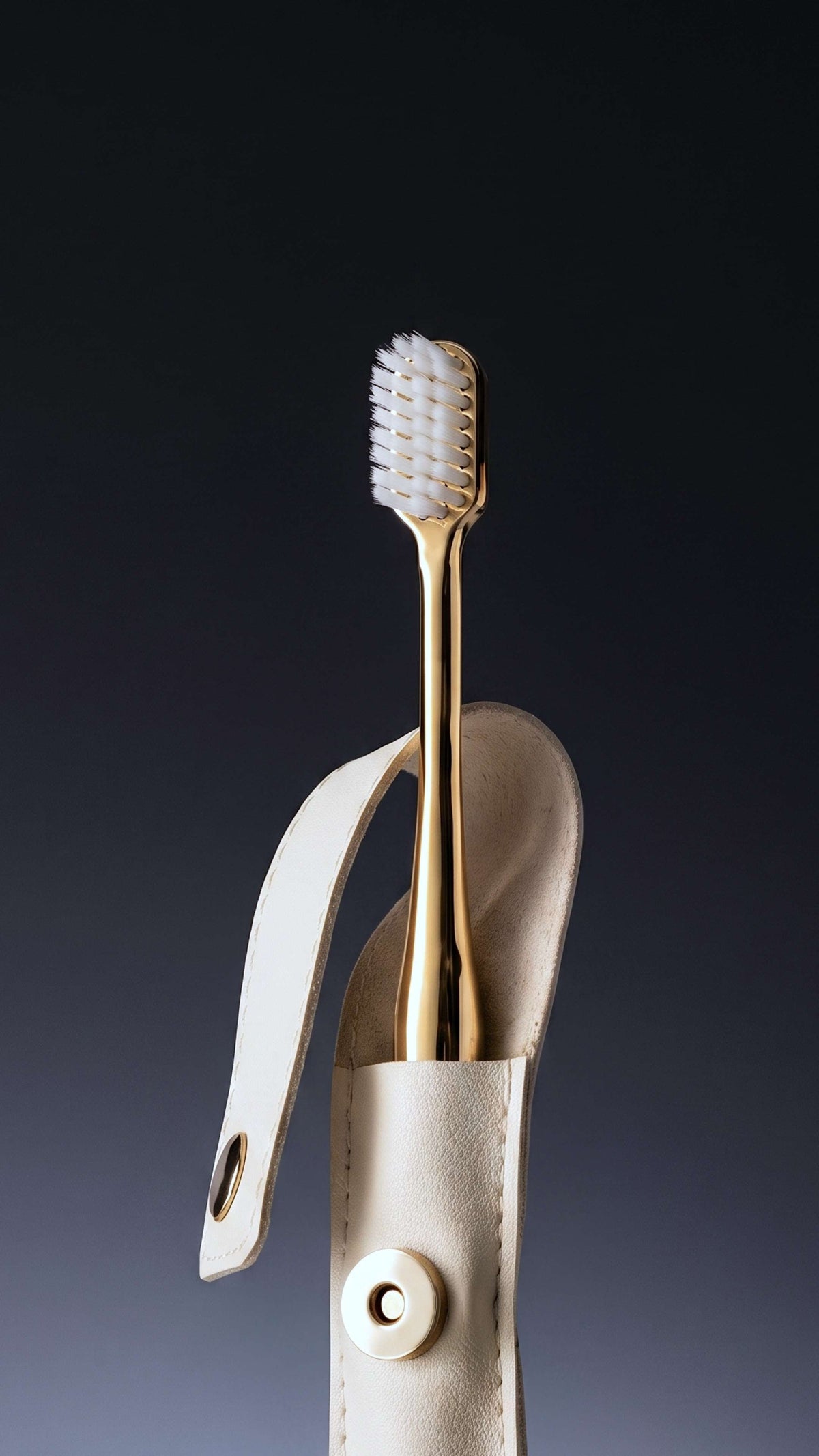 WHITE LEATHER CASE &  GOLD TOOTHBRUSH