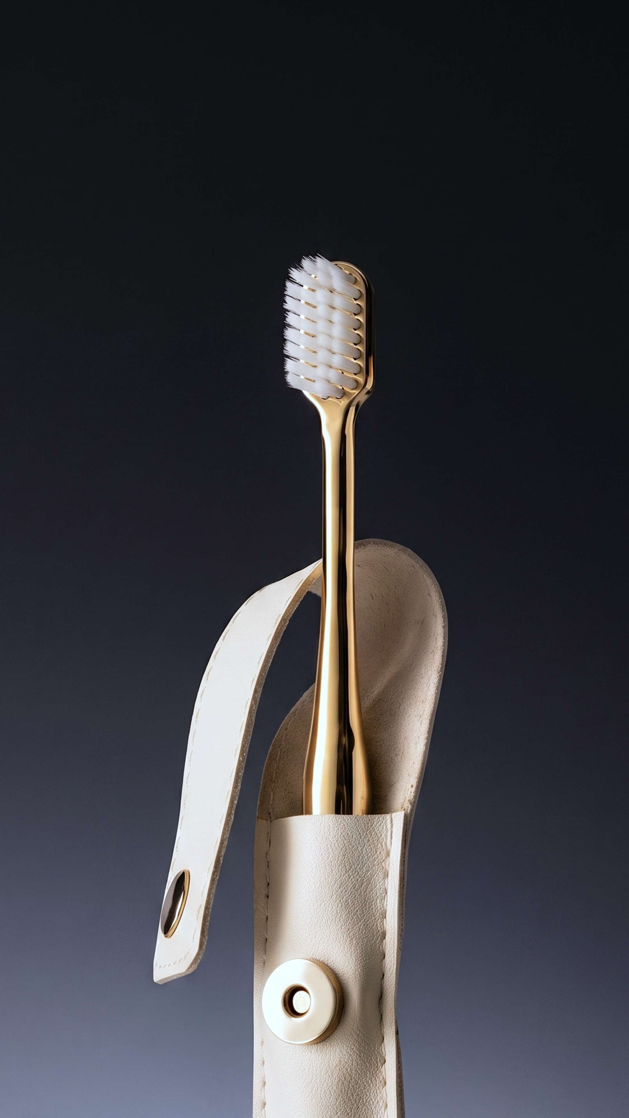 WHITE LEATHER CASE &  GOLD TOOTHBRUSH