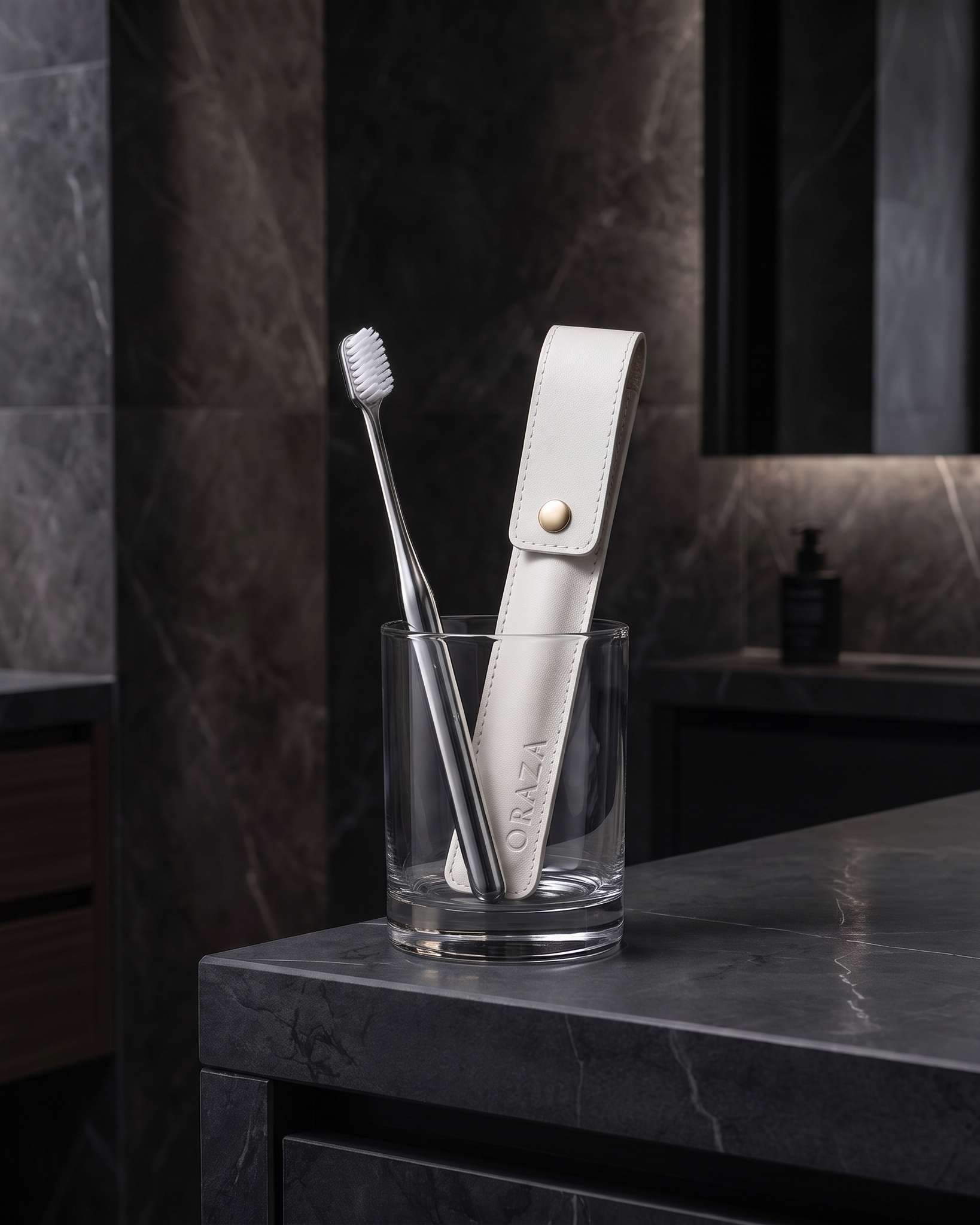 WHITE LEATHER CASE & SILVER TOOTHBRUSH