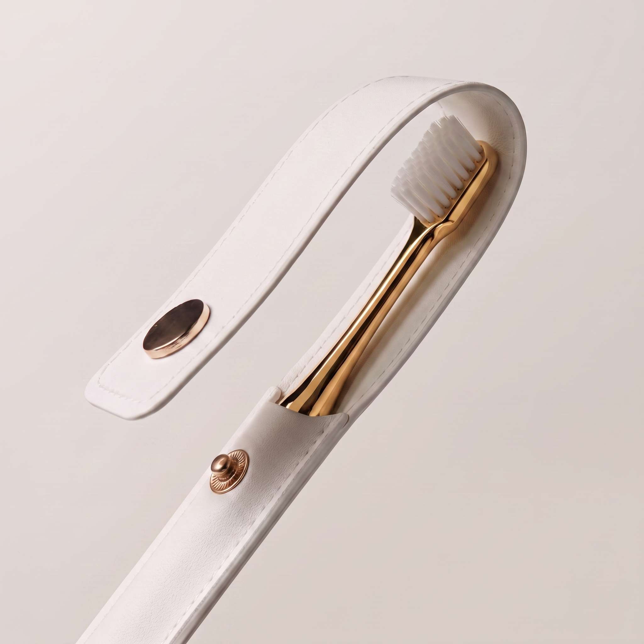 WHITE LEATHER CASE &  GOLD TOOTHBRUSH