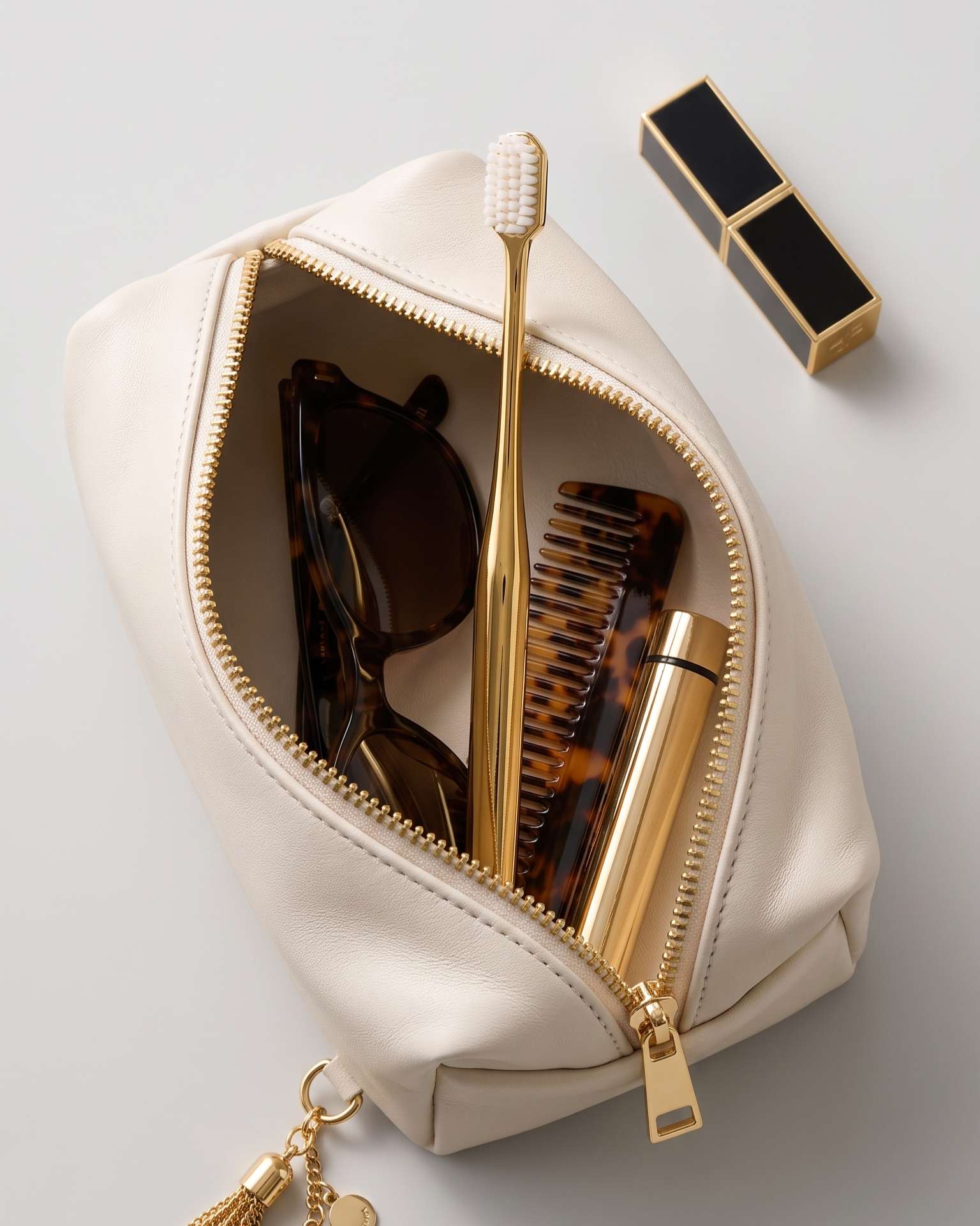 RED LEATHER CASE &  GOLD TOOTHBRUSH