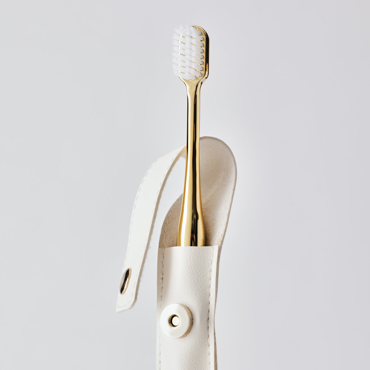 WHITE LEATHER CASE &  GOLD TOOTHBRUSH