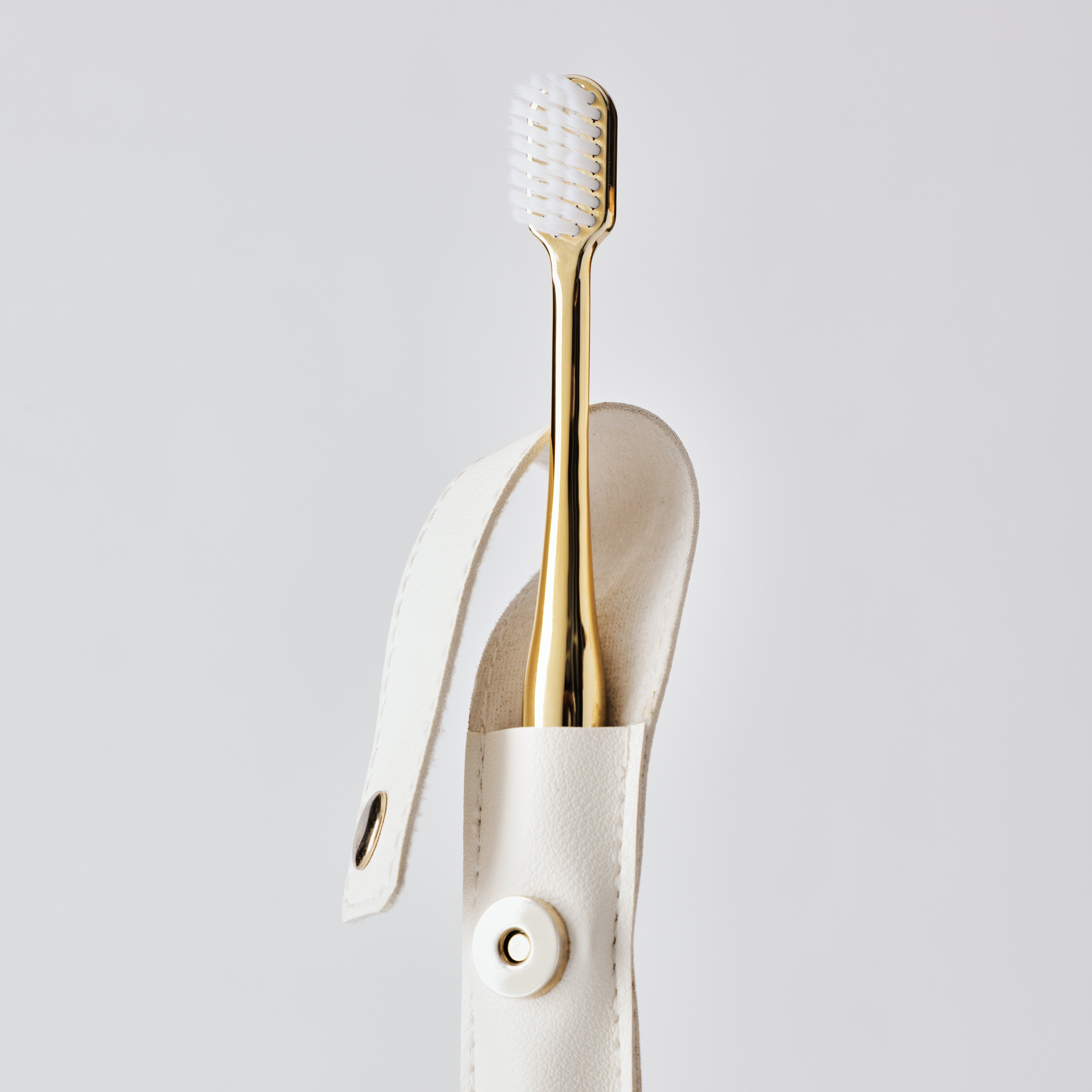 WHITE LEATHER CASE &  GOLD TOOTHBRUSH