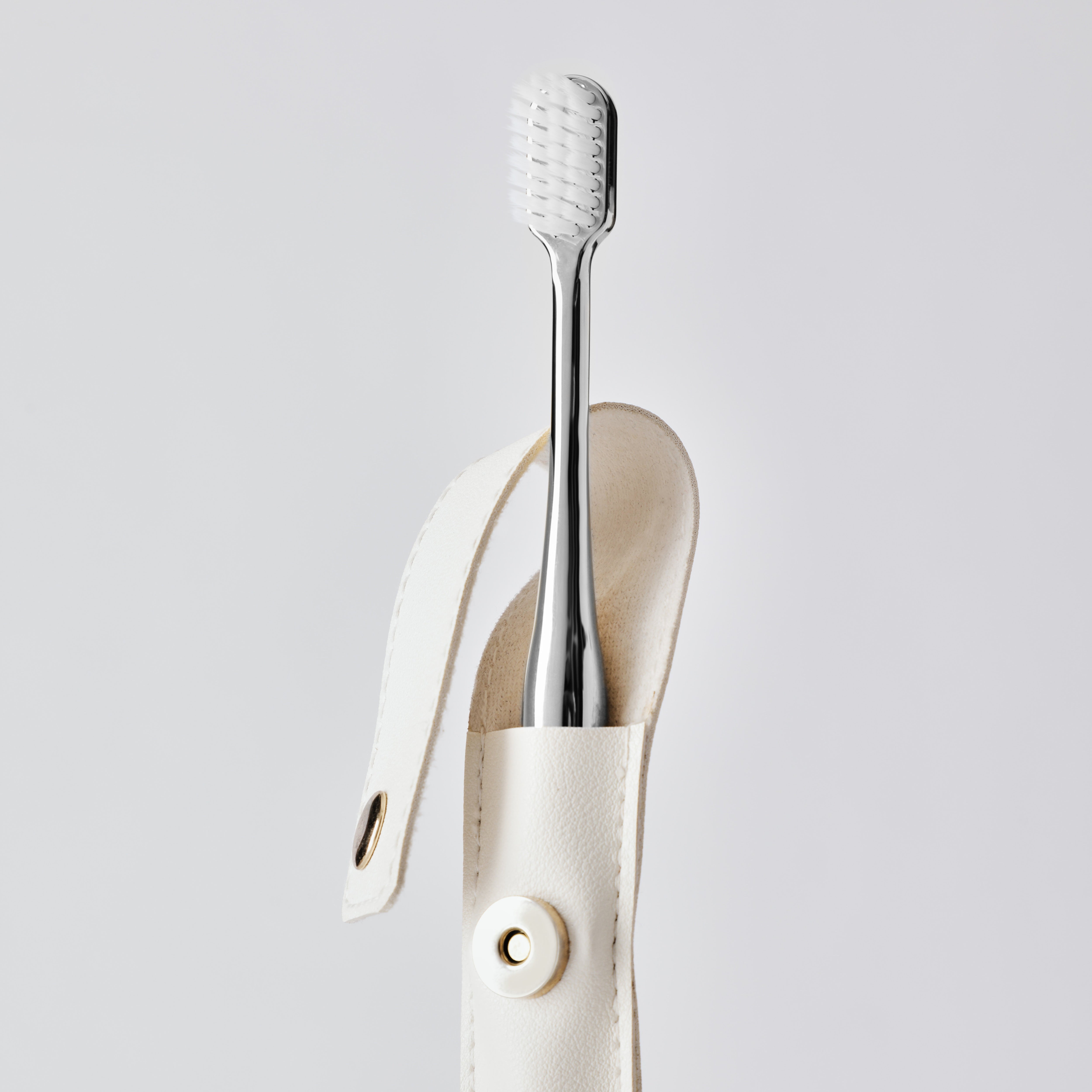 White Leather Case & Silver Toothbrush