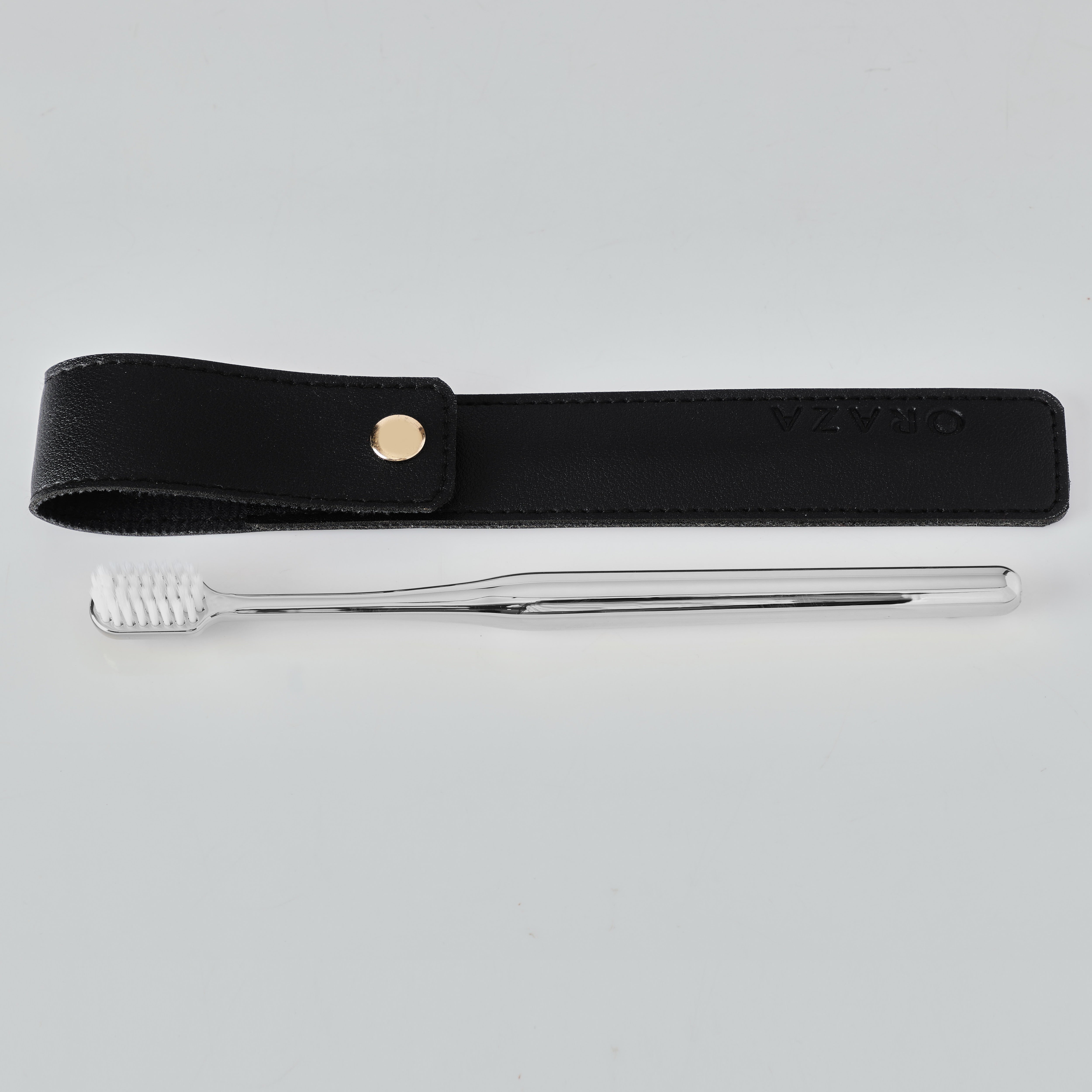 BLACK LEATHER CASE & SILVER TOOTHBRUSH