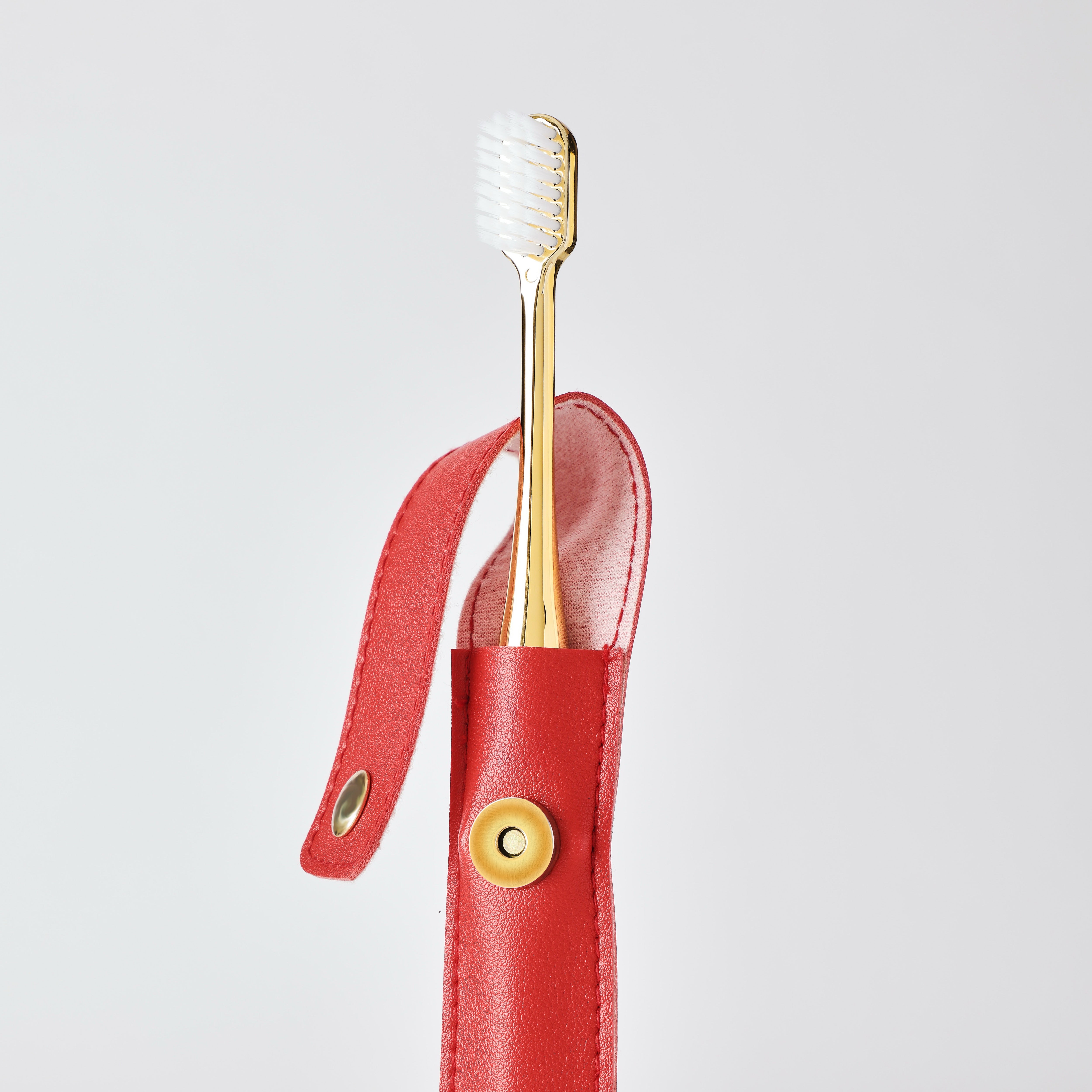Red Leather Case & Gold Toothbrush